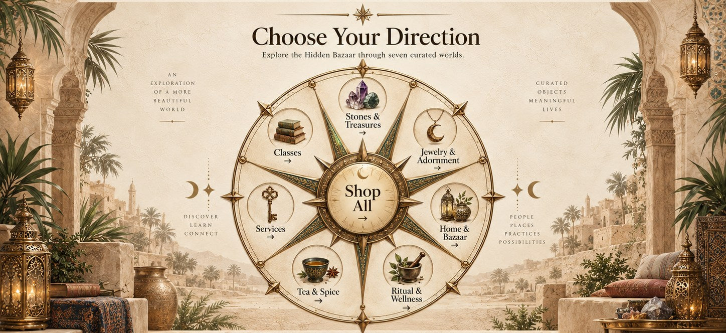 The Hidden Bazaar seven-point shopping compass with paths to stones, jewelry, home goods, ritual and wellness, tea and spice, services, classes, and Shop All